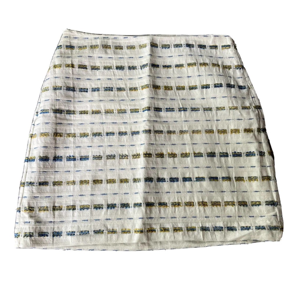 LOFT Skirt Sz 8 Embroidered A-Line Blue Yellow Summer Lined Side Zip Career Work